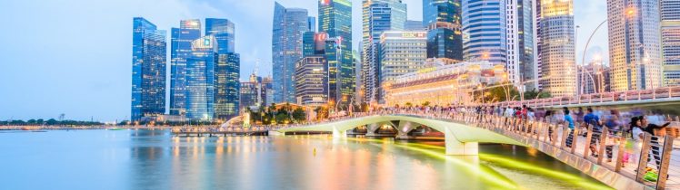 Panorama nowoczesnego miasta z wieżowcami nad wodą i oświetlonym mostem pełnym przechodniów o zmierzchu