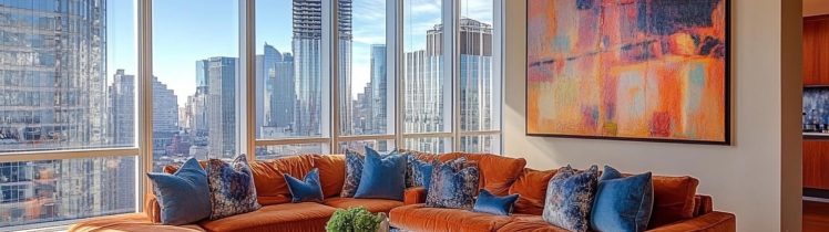 Luksusowy salon w apartamencie w Dubaju z panoramicznymi oknami i widokiem na nowoczesne wieżowce, przykład prestiżowej nieruchomości inwestycyjnej.