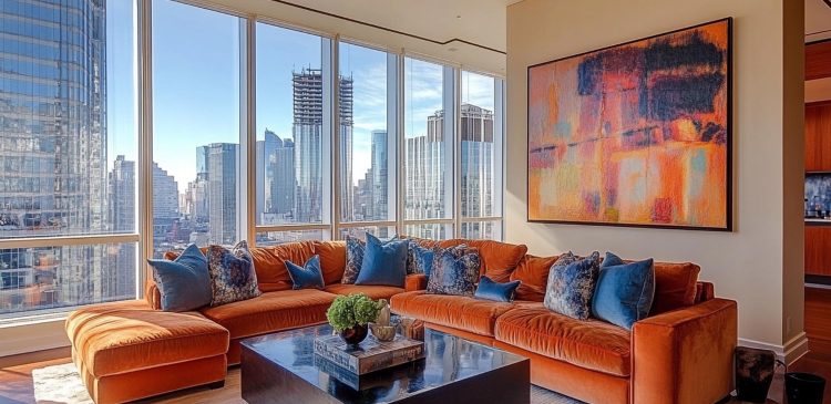 Luksusowy salon w apartamencie w Dubaju z panoramicznymi oknami i widokiem na nowoczesne wieżowce, przykład prestiżowej nieruchomości inwestycyjnej.