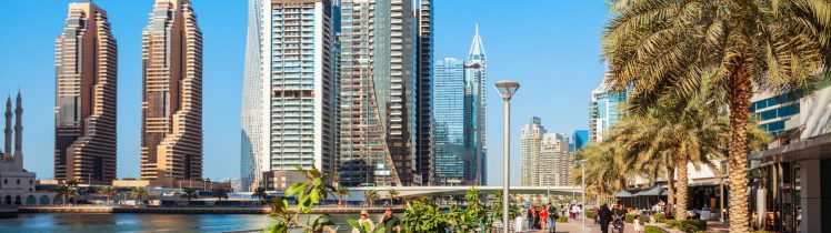 Promenada nad wodą w Dubaju z palmami, spacerującymi ludźmi i nowoczesnymi wieżowcami w tle w słoneczny dzień.