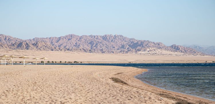 Piaszczysta plaża w Ras Al Khaimah z widokiem na spokojne morze i góry w tle, pustynny krajobraz z parasolami przeciwsłonecznymi